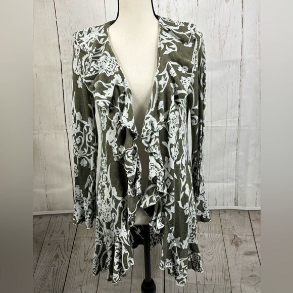 Renee Cardigan Open Front Ruffled Cardigan in Olive Green Abstract Floral - Picture 2 of 6